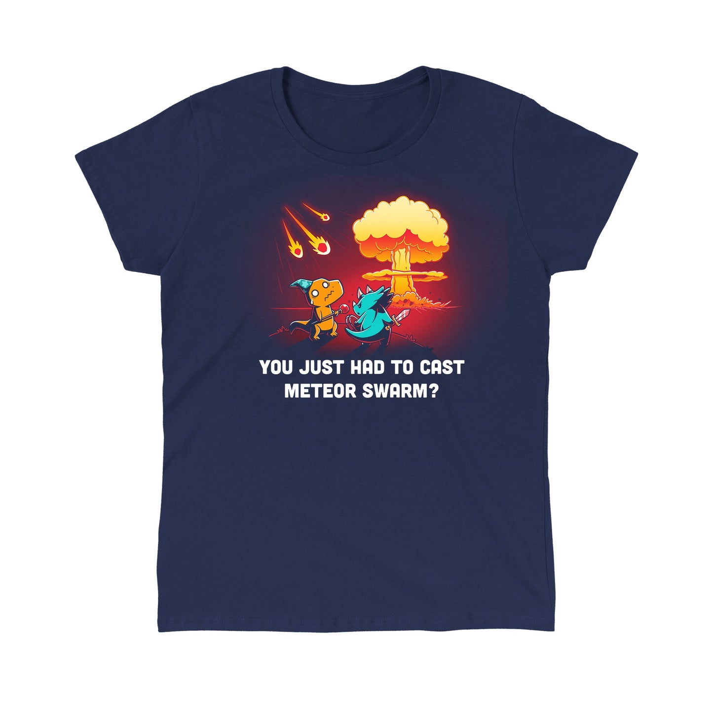 Classic Cotton T-shirt_TeeTurtle Meteor Swarm navy blue t-shirt featuring two dinosaurs dressed up in fantasy costumes looking at a meteor shower in the distance.