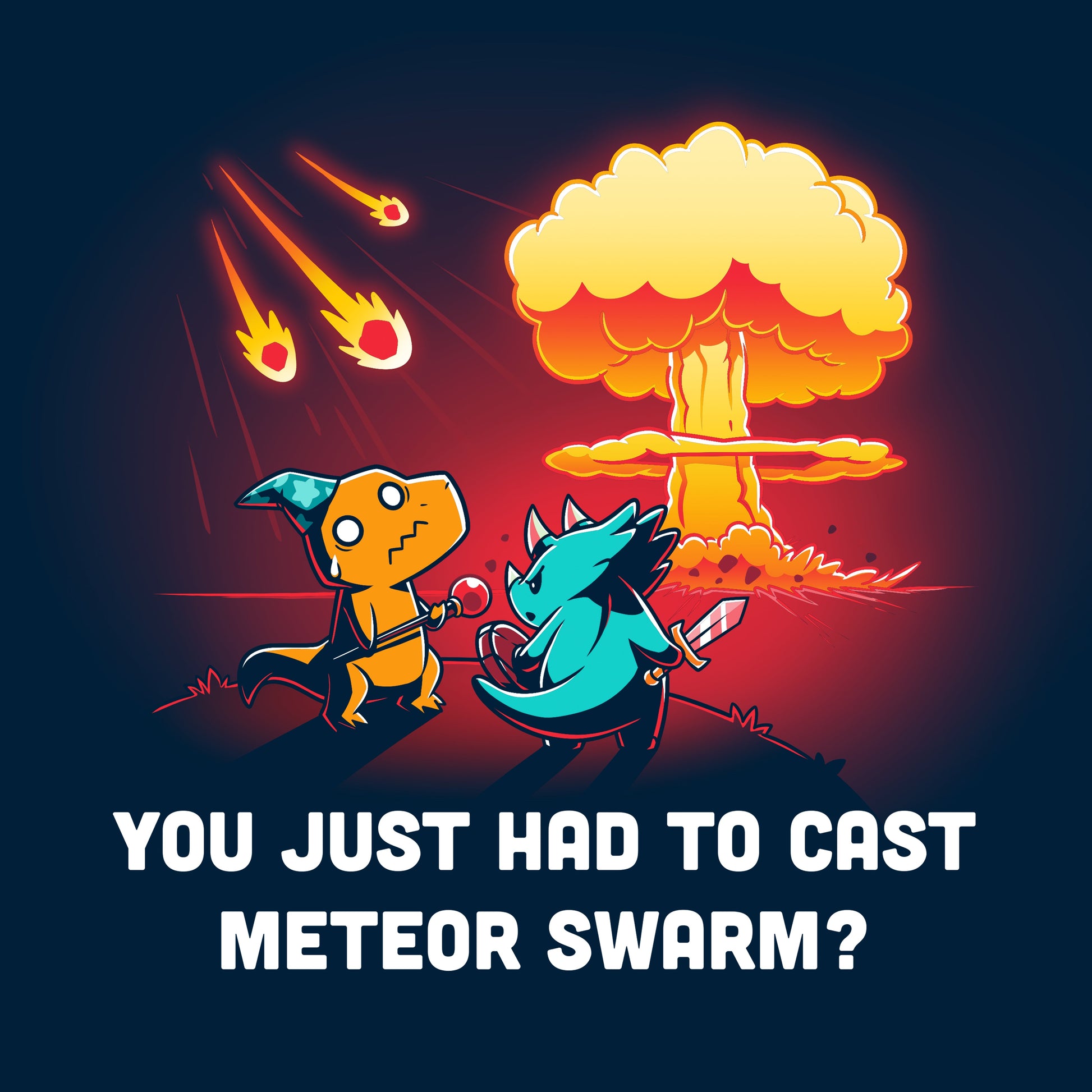 Classic Cotton T-shirt_TeeTurtle Meteor Swarm navy blue t-shirt featuring two dinosaurs dressed up in fantasy costumes looking at a meteor shower in the distance.