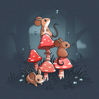 Classic Cotton T-shirt_TeeTurtle heather navy t-shirt Mushrooms & Mice featuring three brown mice grouped around red mushrooms in a cottagecore forest.