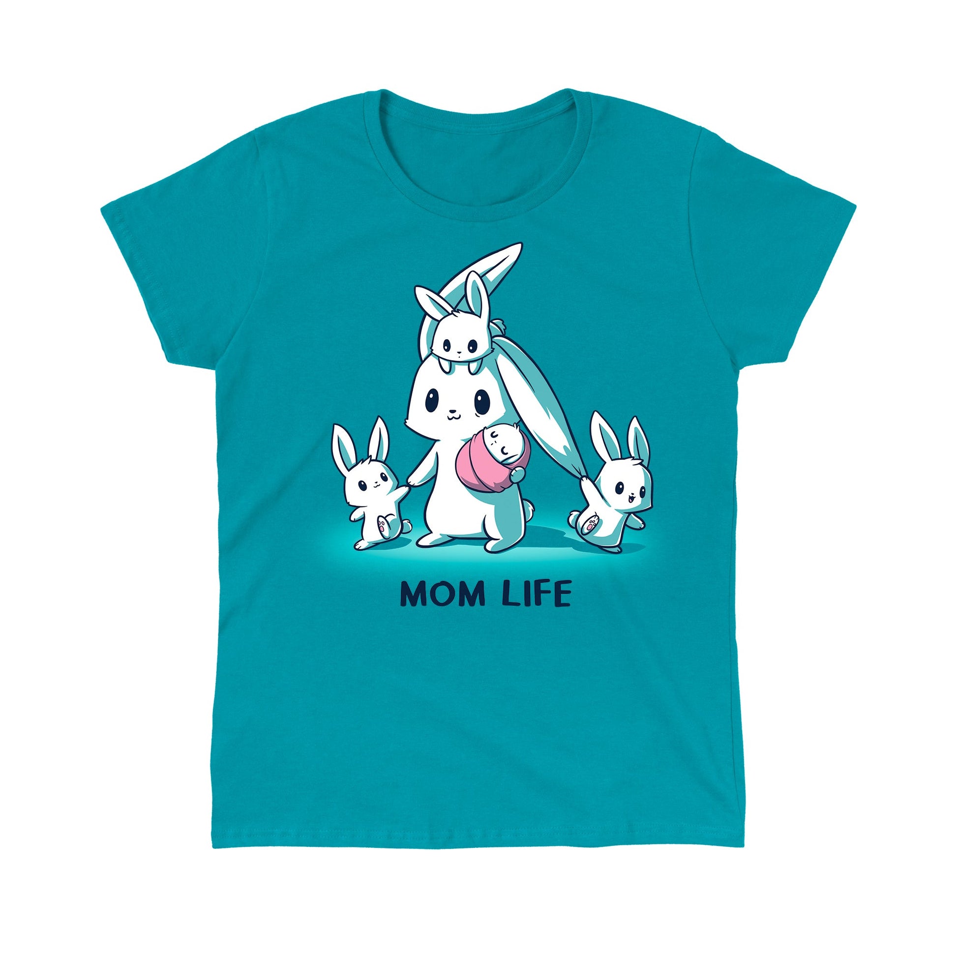 Classic Cotton T-shirt_TeeTurtle Mom Life tropical blue t-shirt featuring a tired mom bunny surrounded by three little bunnies while she holds a sleeping baby bunny wrapped in a pink blanket. 