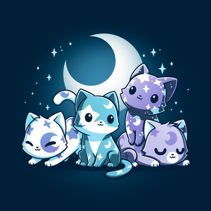 Classic Cotton T-shirt_TeeTurtle navy blue Moon & Star Meows. Featuring blue and purple kittens with moon and star patterns on their fur.