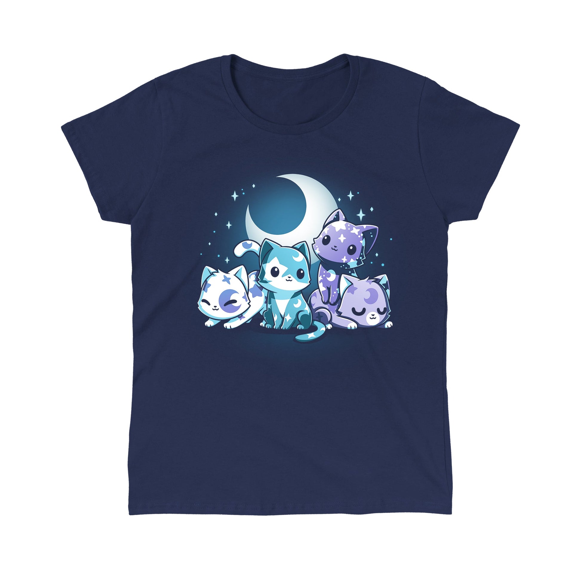 Classic Cotton T-shirt_TeeTurtle navy blue Moon & Star Meows. Featuring blue and purple kittens with moon and star patterns on their fur.