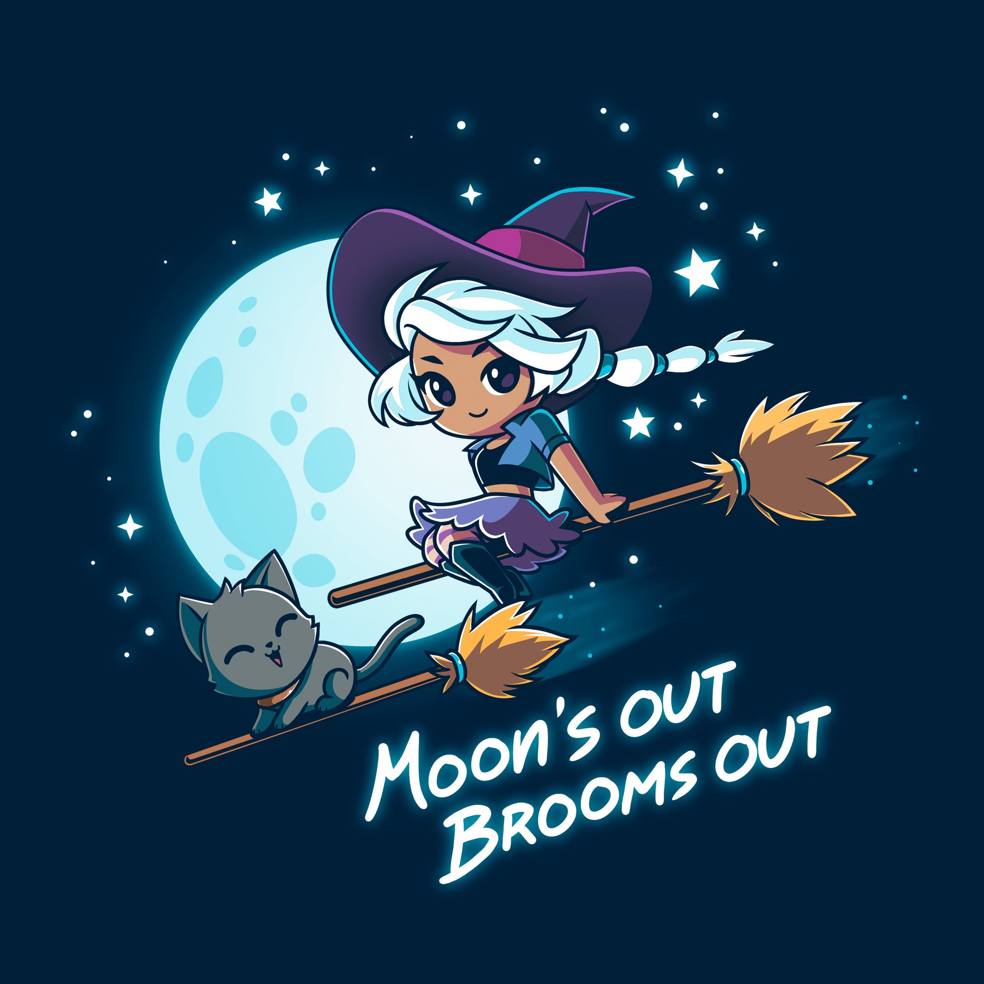 Classic Cotton T-shirt_TeeTurtle Moon's Out Brooms Out navy blue t-shirt featuring an illustration of a witch with light-gray hair, wearing a purple and dark-purple outfit and a dark purple witch's hat and a cartoon gray cat flying on two broom sticks past a full moon and starry sky. "Moon's OUT BROOMS OUT" is written underneath. 