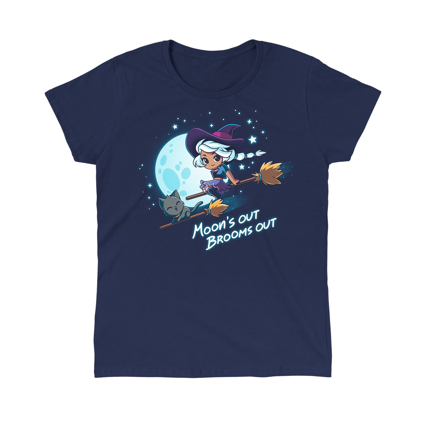 Classic Cotton T-shirt_TeeTurtle Moon's Out Brooms Out navy blue t-shirt featuring an illustration of a witch with light-gray hair, wearing a purple and dark-purple outfit and a dark purple witch's hat and a cartoon gray cat flying on two broom sticks past a full moon and starry sky. "Moon's OUT BROOMS OUT" is written underneath. 