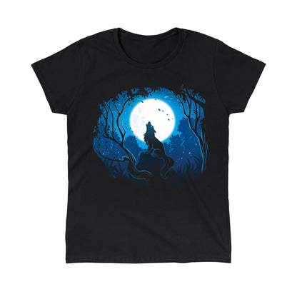 Classic Cotton T-shirt_TeeTurtle Moonlight Wolf black t-shirt featuring an artistic wolf howling at the full moon while sitting on a rock surrounded by trees.