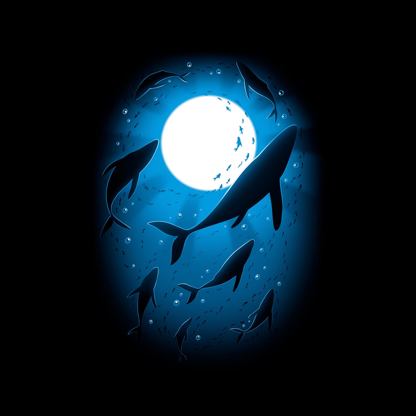 Classic Cotton T-shirt_Teeturtle Moonlight Swim Black Featuring a large pod of whales swimming under the light of the full moon.