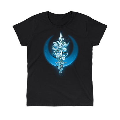 Classic Cotton T-shirt_TeeTurtle Moonlit Blade of Roses black t-shirt featuring a white sword entwined with blue roses and vines, set against a blue crescent moon.