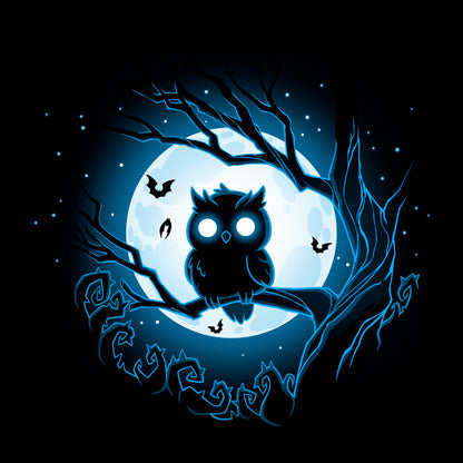 Classic Cotton T-shirt_TeeTurtle Moonlit Owl black t-shirt featuring a glowing blue owl perched on a branch with a full moon and bats in the background.