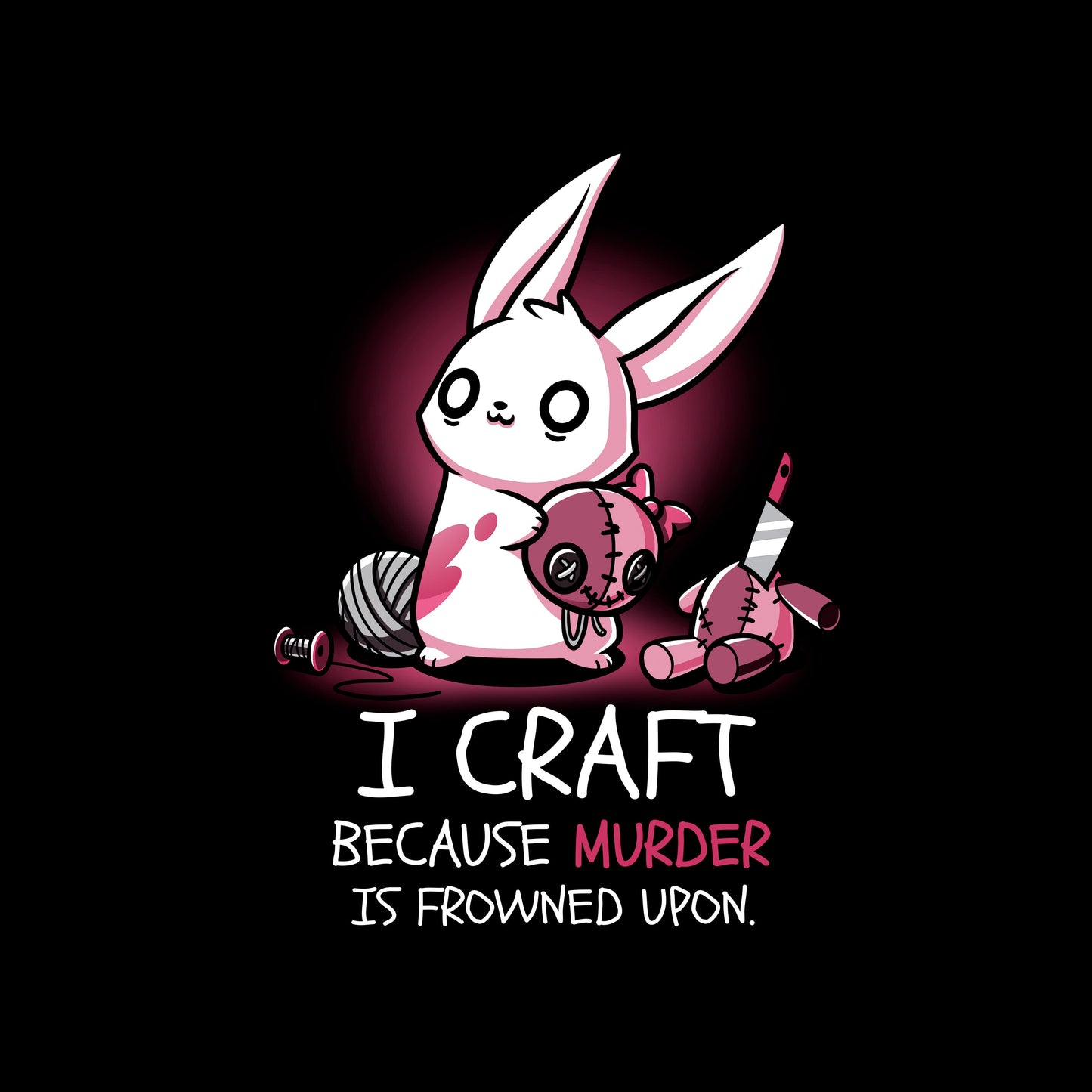 Classic Cotton T-shirt_TeeTurtle black Murder is Frowned Upon. Featuring a bunny holding a beheaded doll head and the doll's body sitting to the side with a knife sticking out of its neck.