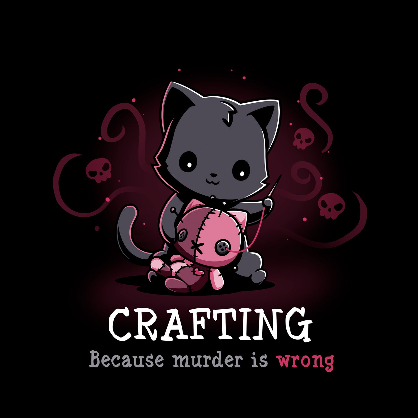 Pullover Hoodie_TeeTurtle Murder is Wrong black t-shirt featuring a cartoon cat  with a needle stitches a voodoo doll with skulls and swirly designs are in the background while crafting