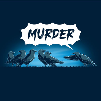 Long Sleeve T-shirt_TeeTurtle Murder of Crows navy blue t-shirt featuring a group of crows standing, as one crow points at the group and says "murder!"