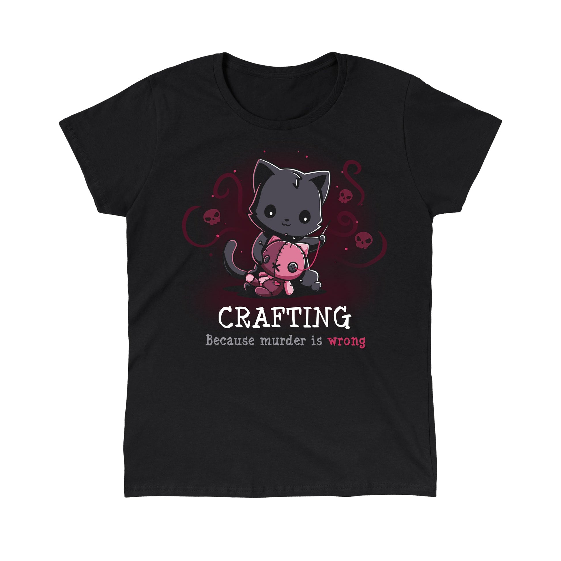 Classic Cotton T-shirt_TeeTurtle Murder is Wrong black t-shirt featuring a cartoon cat  with a needle stitches a voodoo doll with skulls and swirly designs are in the background while crafting