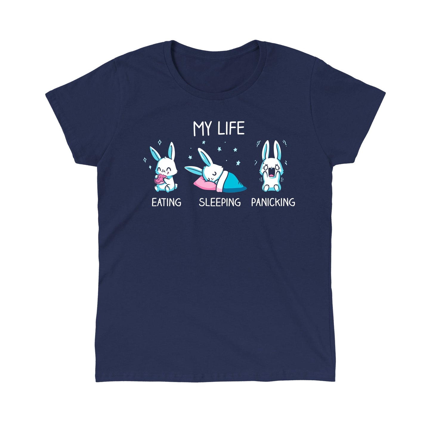 Classic Cotton T-shirt_Teeturtle My Life navy blue t-shirt featuring a white-furred bunny eating, sleeping and panicking with the words 'My Life' above.