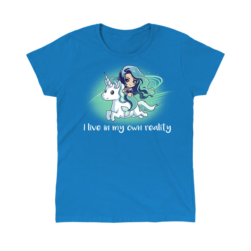 Classic Cotton T-shirt_TeeTurtle sapphire blue My Reality. Featuring a blue-haired mermaid riding a white unicorn.