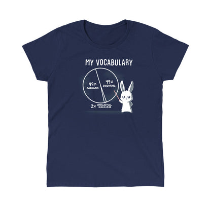 Classic Cotton T-shirt_TeeTurtle navy blue My Vocabulary. Featuring a bunny with a pie vocabulary chart split into 49% sarcasm, 49% swearing, and 2% intellectual discourse.