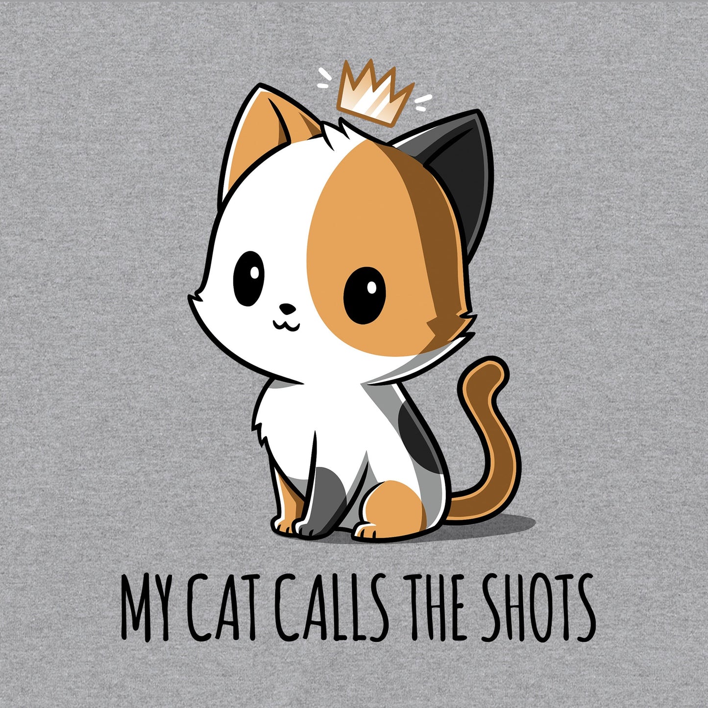 Classic Cotton T-shirt_Teeturtle My Cat Calls the Shots Heather Gray Featuring an adorable calico cat wearing a crown with the words 'My Cat Calls the Shots' written beneath.