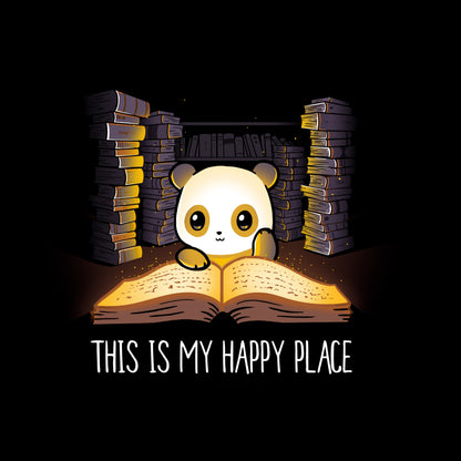 Classic Cotton T-shirt_TeeTurtle black My Happy Place. Featuring a panda in its happy place reading an open book surrounded by stacks of books.