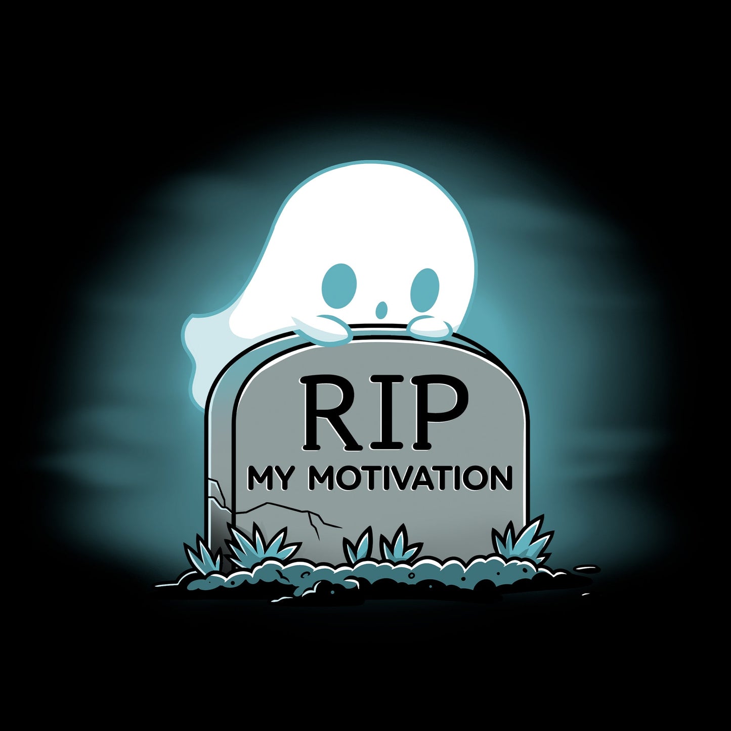 Classic Cotton T-shirt_TeeTurtle My Motivation black t-shirt featuring a ghost peeking over a gravestone with the inscription "RIP My Motivation," set against a dark background with eerie blue lighting.