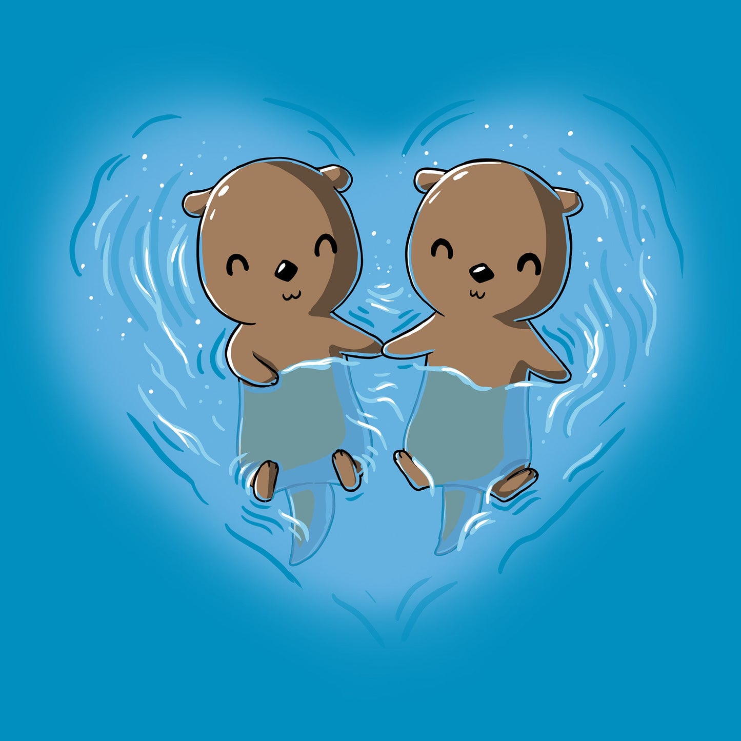 Classic Cotton T-shirt_TeeTurtle My Otter Half sapphire blue t-shirt featuring two otters holding hands while floating on their backs in water, surrounded by ripples in a heart shape.