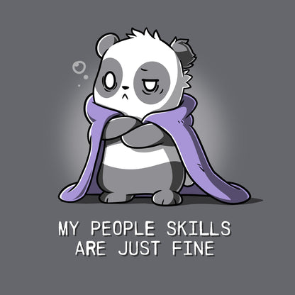 Classic Cotton T-shirt_TeeTurtle My People Skills Are Just Fine charcoal gray t-shirt featuring a sarcastic panda with a purple blanket draped around its shoulders and arms crossed.