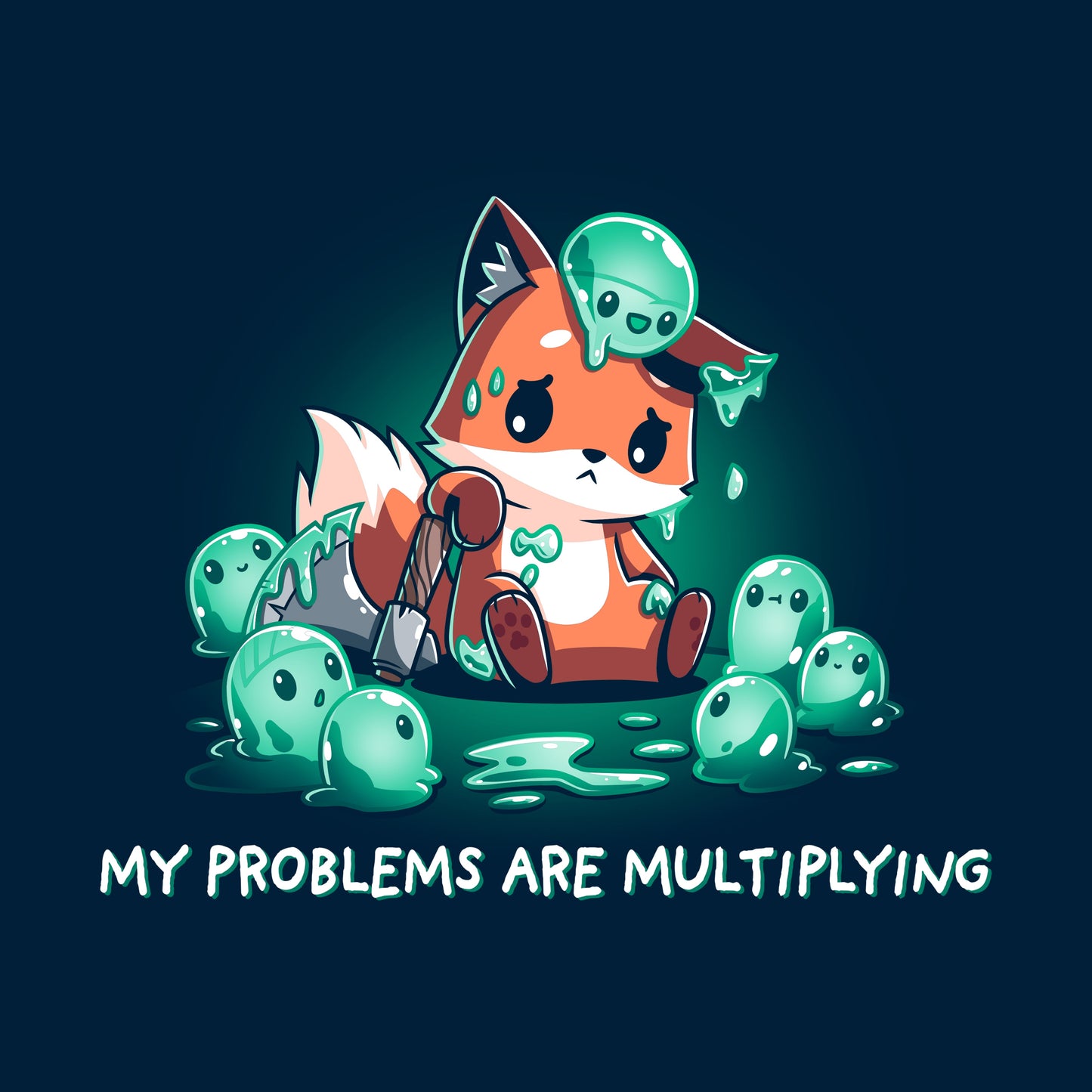 Classic Cotton T-shirt_TeeTurtle My Problems are Multiplying navy blue t-shirt featuring a sad fox holding an axe and surrounded by fantasy green slimes that are multiplying.