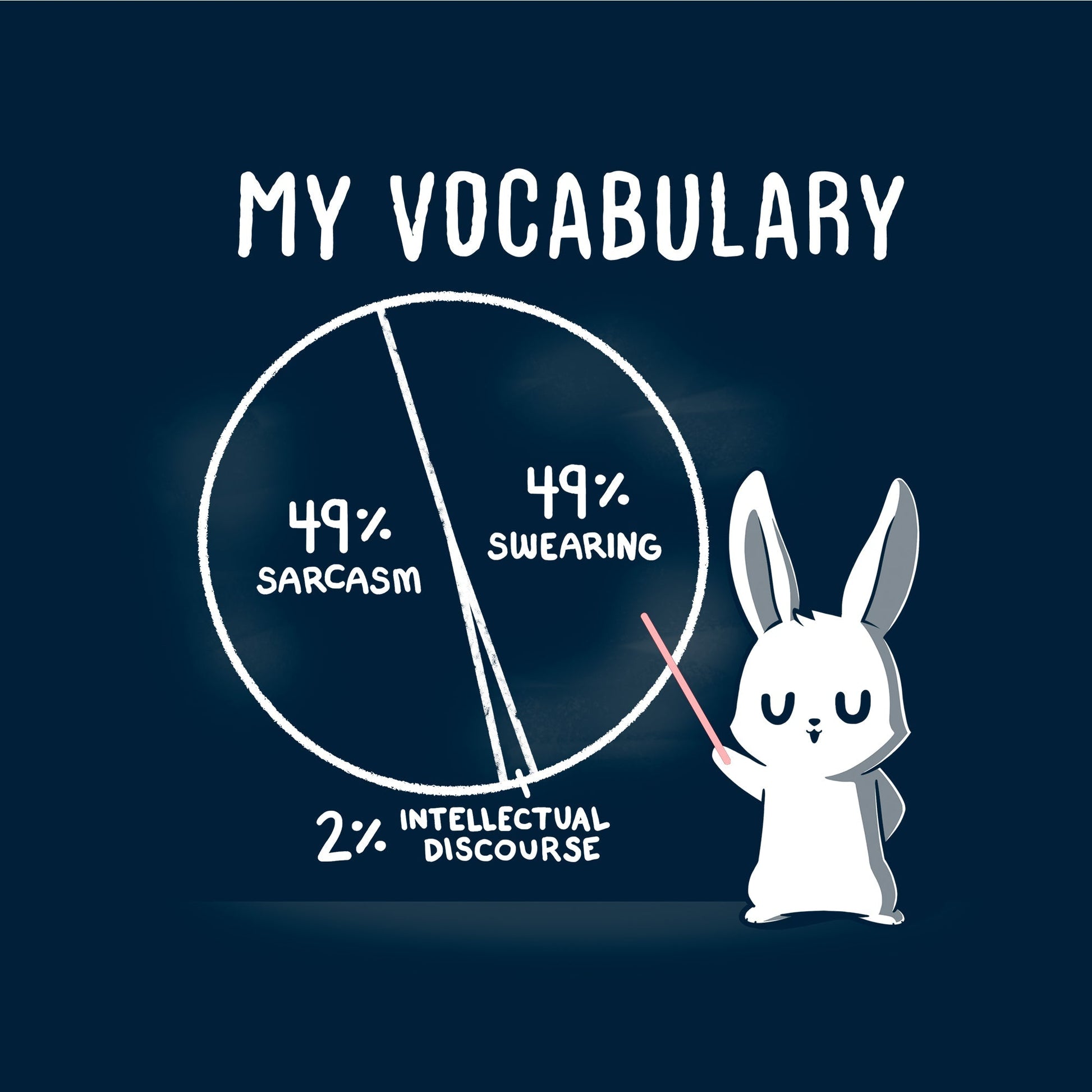 Classic Cotton T-shirt_TeeTurtle navy blue My Vocabulary. Featuring a bunny with a pie vocabulary chart split into 49% sarcasm, 49% swearing, and 2% intellectual discourse.