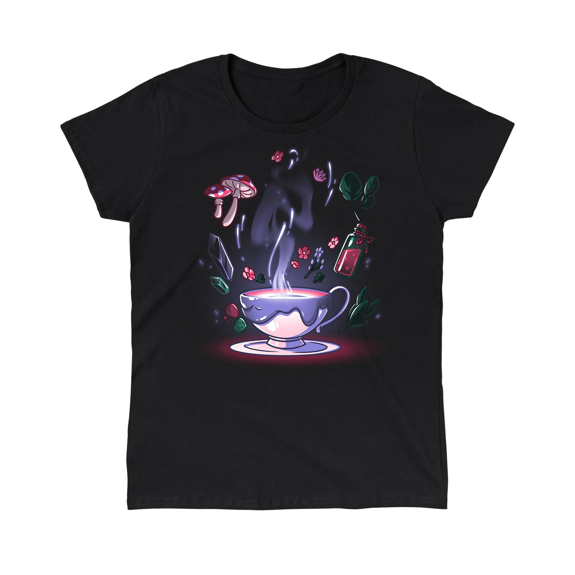 Classic Cotton T-shirt_TeeTurtle Mystic Tea black t-shirt featuring a steaming teacup with a dark liquid inside is surrounded by floating magical cottagecore items, including mushrooms, flowers, leaves, crystals, and a small bottle containing a red potion.