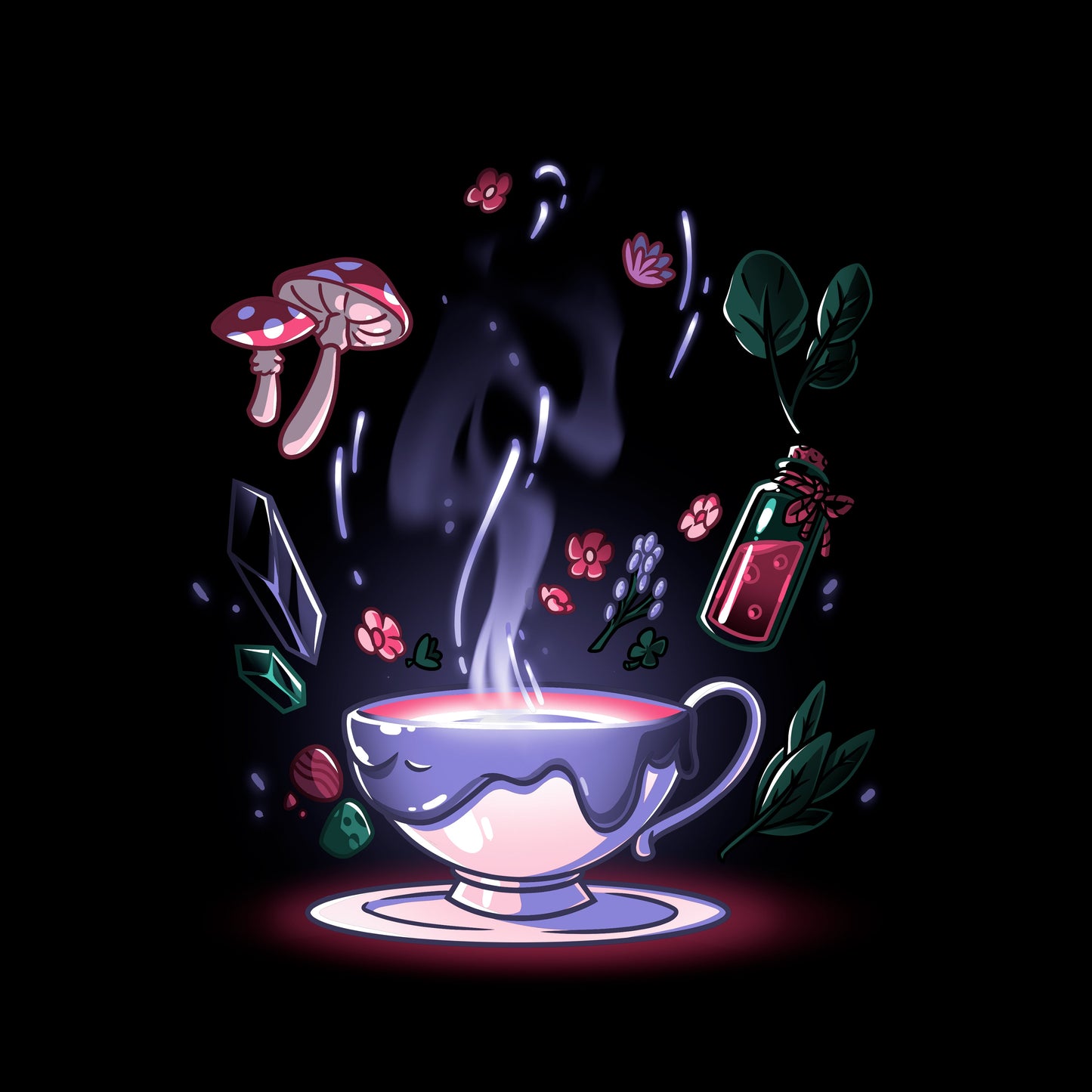 Classic Cotton T-shirt_TeeTurtle Mystic Tea black t-shirt featuring a steaming teacup with a dark liquid inside is surrounded by floating magical cottagecore items, including mushrooms, flowers, leaves, crystals, and a small bottle containing a red potion.