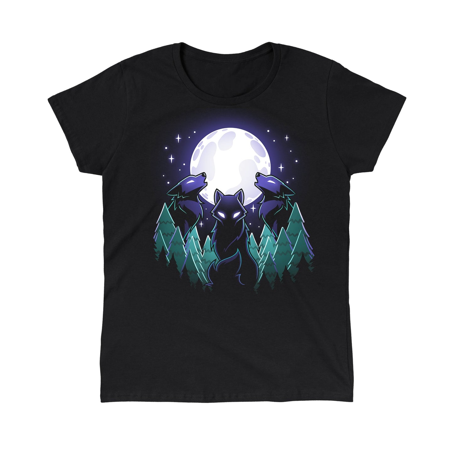 Classic Cotton T-shirt_TeeTurtle Mystical Moon black t-shirt featuring three wolves with glowing eyes howl at a large, Mystical Moon, surrounded by a nature forest of evergreen trees and twinkling stars in the night sky.