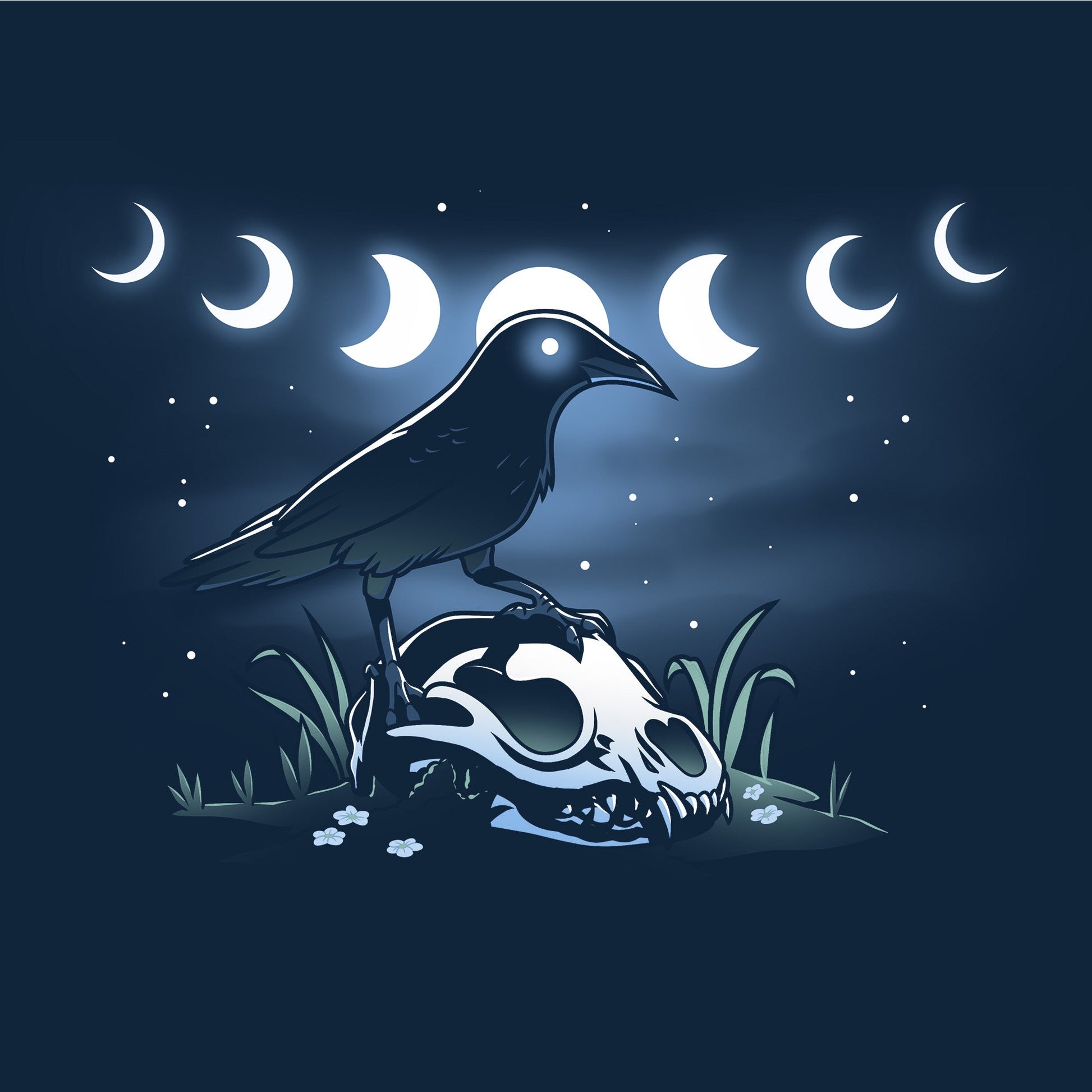 Pullover Hoodie_TeeTurtle Mystical Crow navy blue design featuring a crow with glowing eyes standing on an animal skull in a grassy area under a night sky.