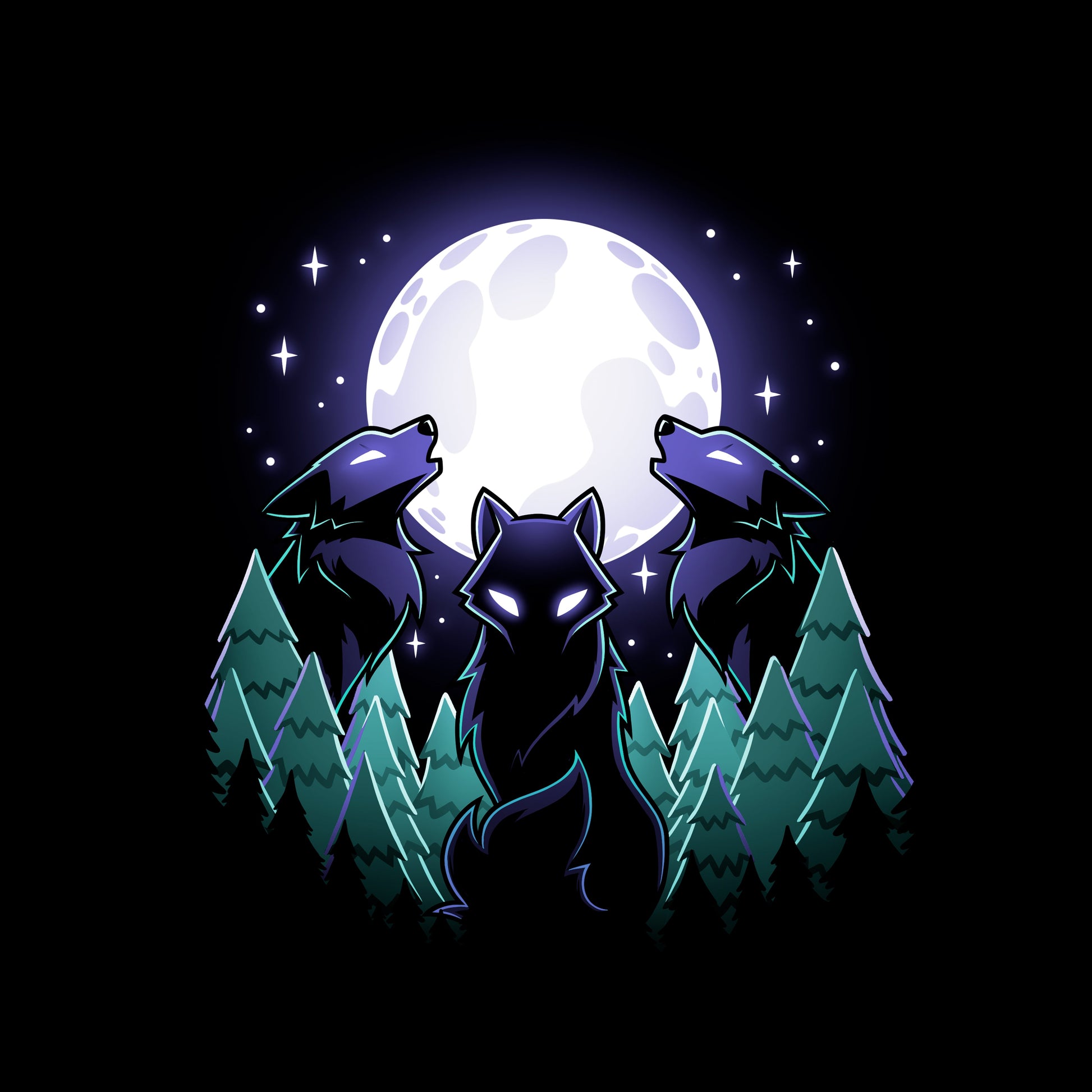 Classic Cotton T-shirt_TeeTurtle Mystical Moon black t-shirt featuring three wolves with glowing eyes howl at a large, Mystical Moon, surrounded by a nature forest of evergreen trees and twinkling stars in the night sky.