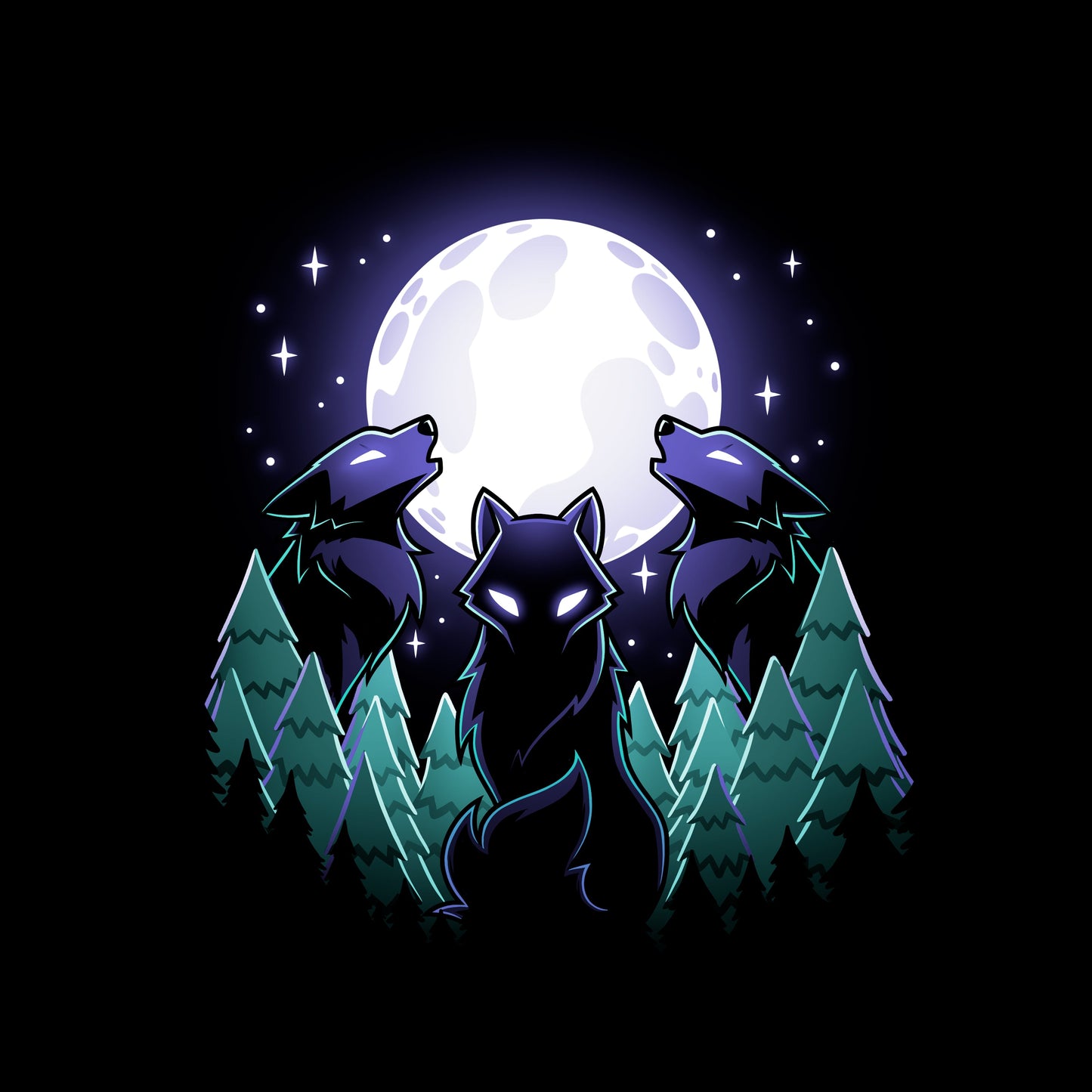 Long Sleeve T-shirt_TeeTurtle Mystical Moon black t-shirt featuring three wolves with glowing eyes howl at a large, Mystical Moon, surrounded by a nature forest of evergreen trees and twinkling stars in the night sky.