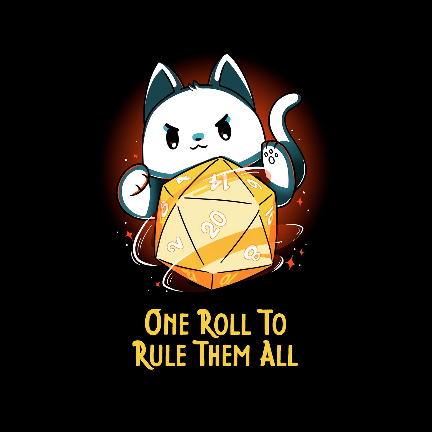 Classic Cotton T-shirt_TeeTurtle One One Roll To Rule Them All Black t-shirt featuring a white cat rolling an oversized tabletop game 20 sided dice, with 20 facing forward, and the text in fantasy script "One roll to rule them all" below. 