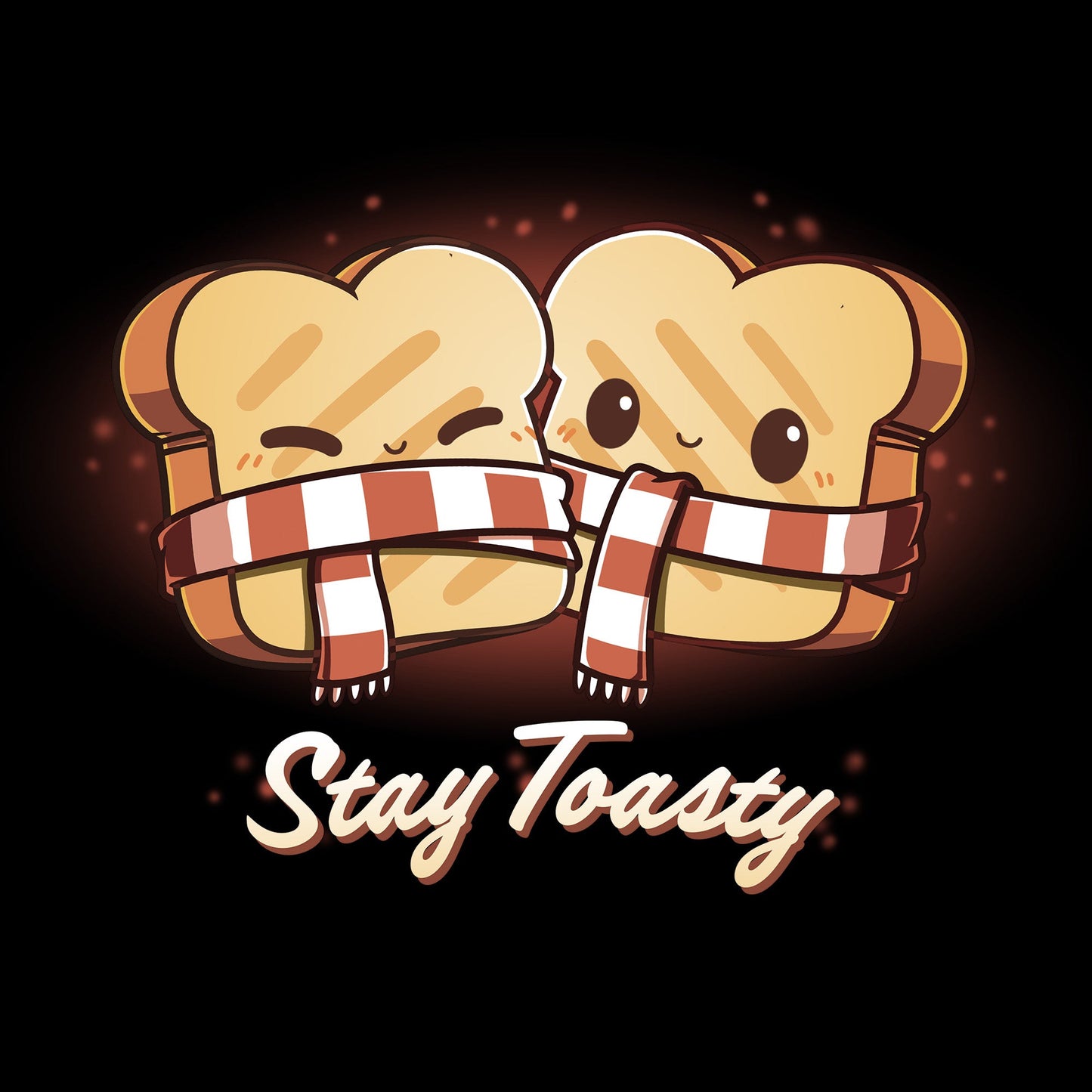 Classic Cotton T-shirt_Teeturtle Stay Toasty black t-shirt featuring two smiling pieces of toast, bundled together with a red and white striped scarf. The text "Stay Toasty" is written below. 