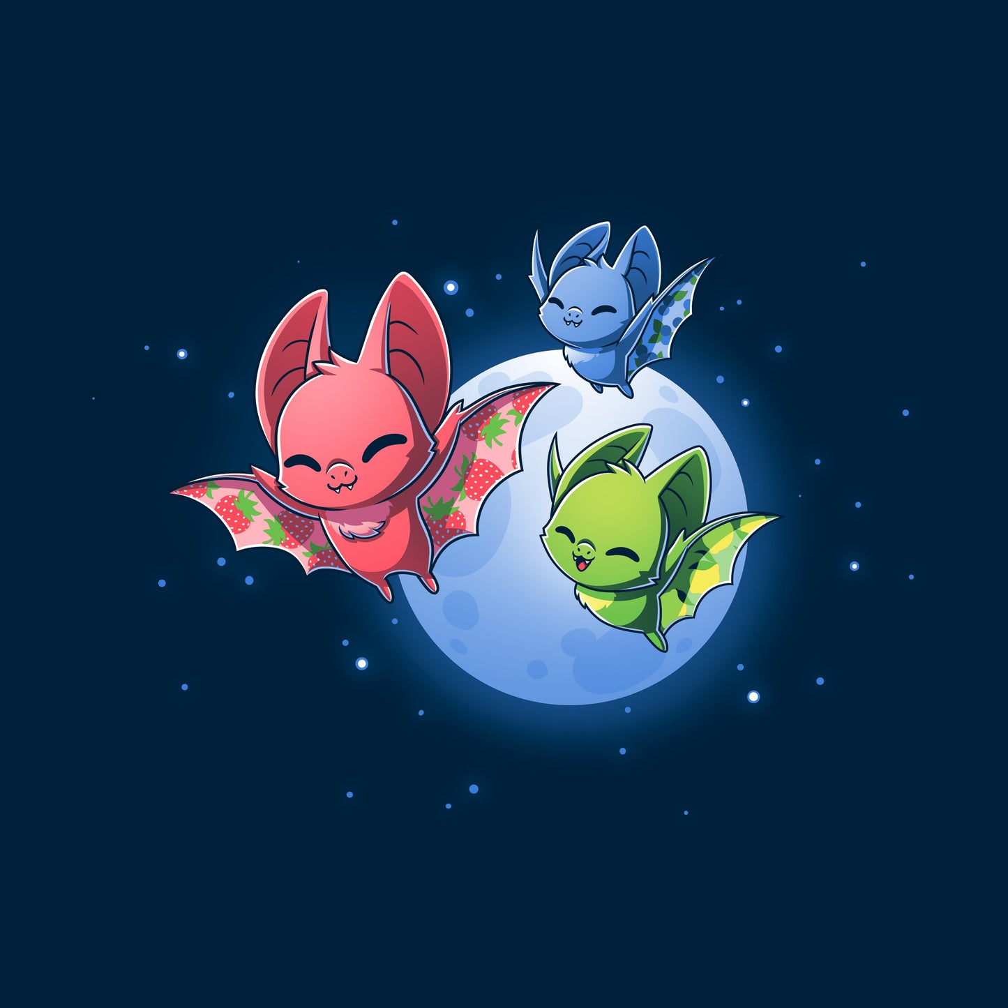 Classic Cotton T-shirt_TeeTurtle Fruit Bats navy blue t-shirt featuring three colorful fruit bats (red, green, blue) with decorative wings flying against a night sky with a full moon and stars.