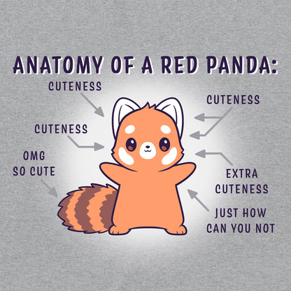 Classic Cotton T-shirt_TeeTurtle Anatomy of a Red Panda heather gray t-shirt featuring a kawaii red panda with a cute expression standing with arms out and arrows pointing to different parts of the red panda and captions to different parts of its body that say "Cuteness," "Extra Cuteness," "Just how can you not" and "OMG So Cute".