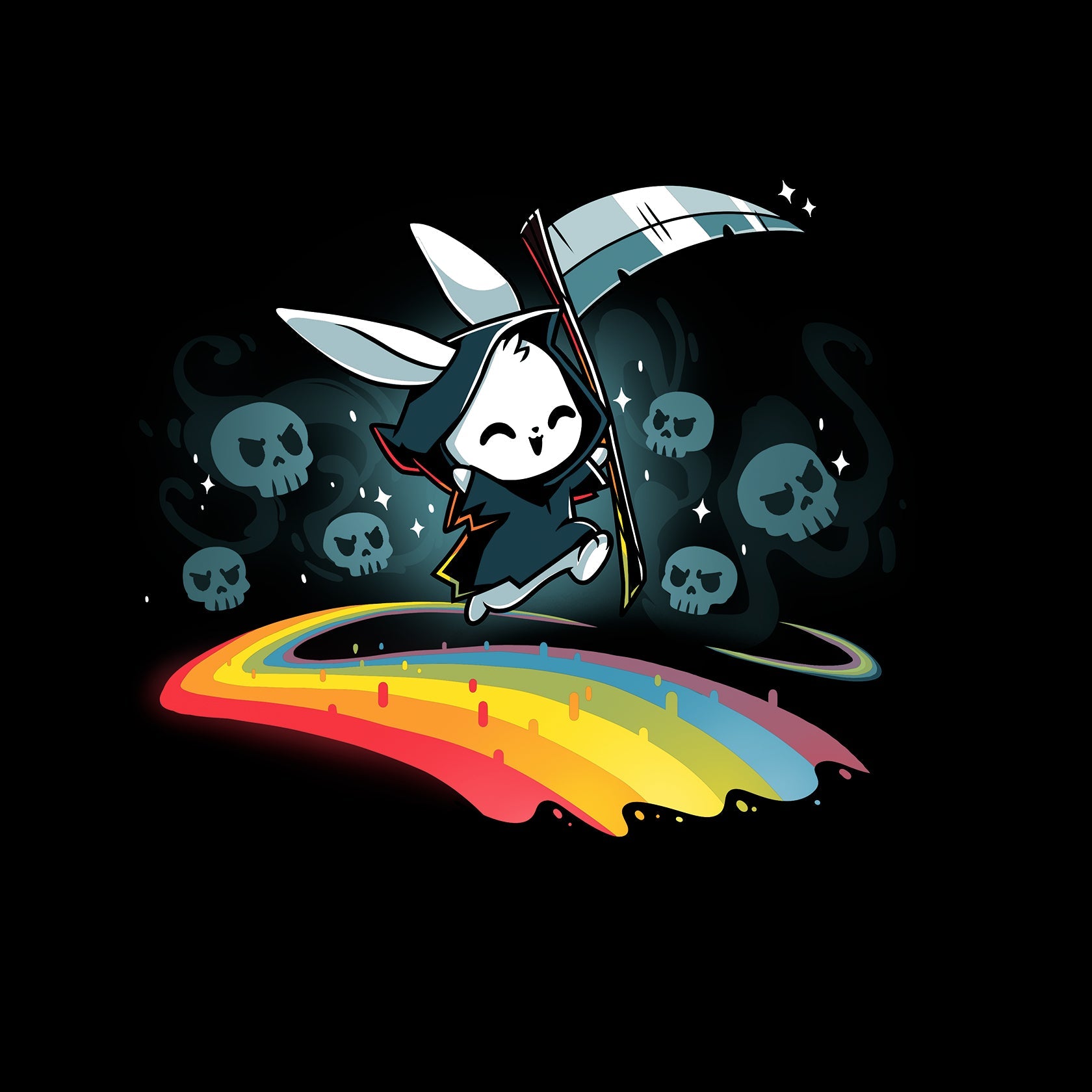 Classic Cotton T-shirt_TeeTurtle Rainbow Reaper black t-shirt featuring a grim reaper bunny smiling and hopping along a rainbow pathway with skulls and sparkles behind them