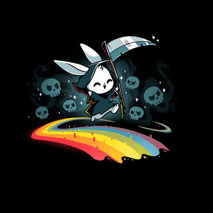 Classic Cotton T-shirt_TeeTurtle Rainbow Reaper black t-shirt featuring a grim reaper bunny smiling and hopping along a rainbow pathway with skulls and sparkles behind them