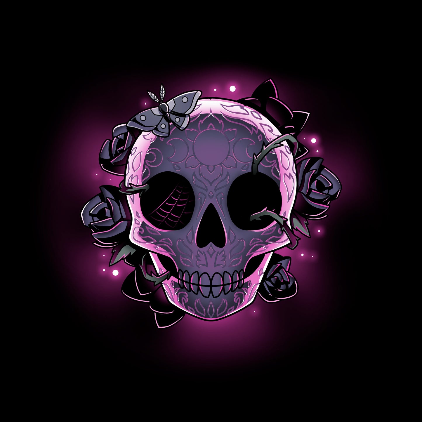 Classic Cotton T-shirt_TeeTurtle black Memento Mori. Featuring a skull with Dia de los Muertos engraving wreathed in roses.