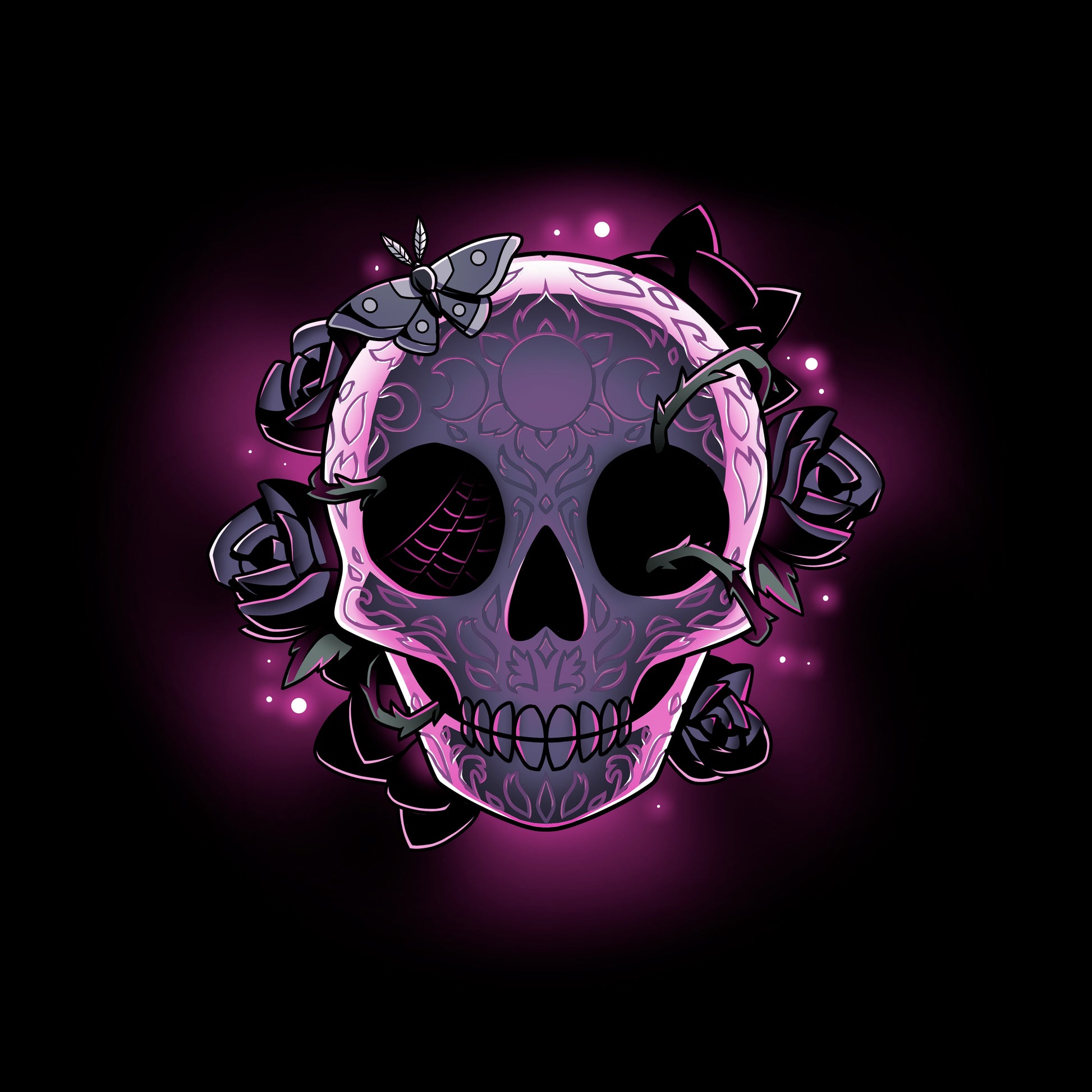 Classic Cotton T-shirt_TeeTurtle black Memento Mori. Featuring a skull with Dia de los Muertos engraving wreathed in roses.