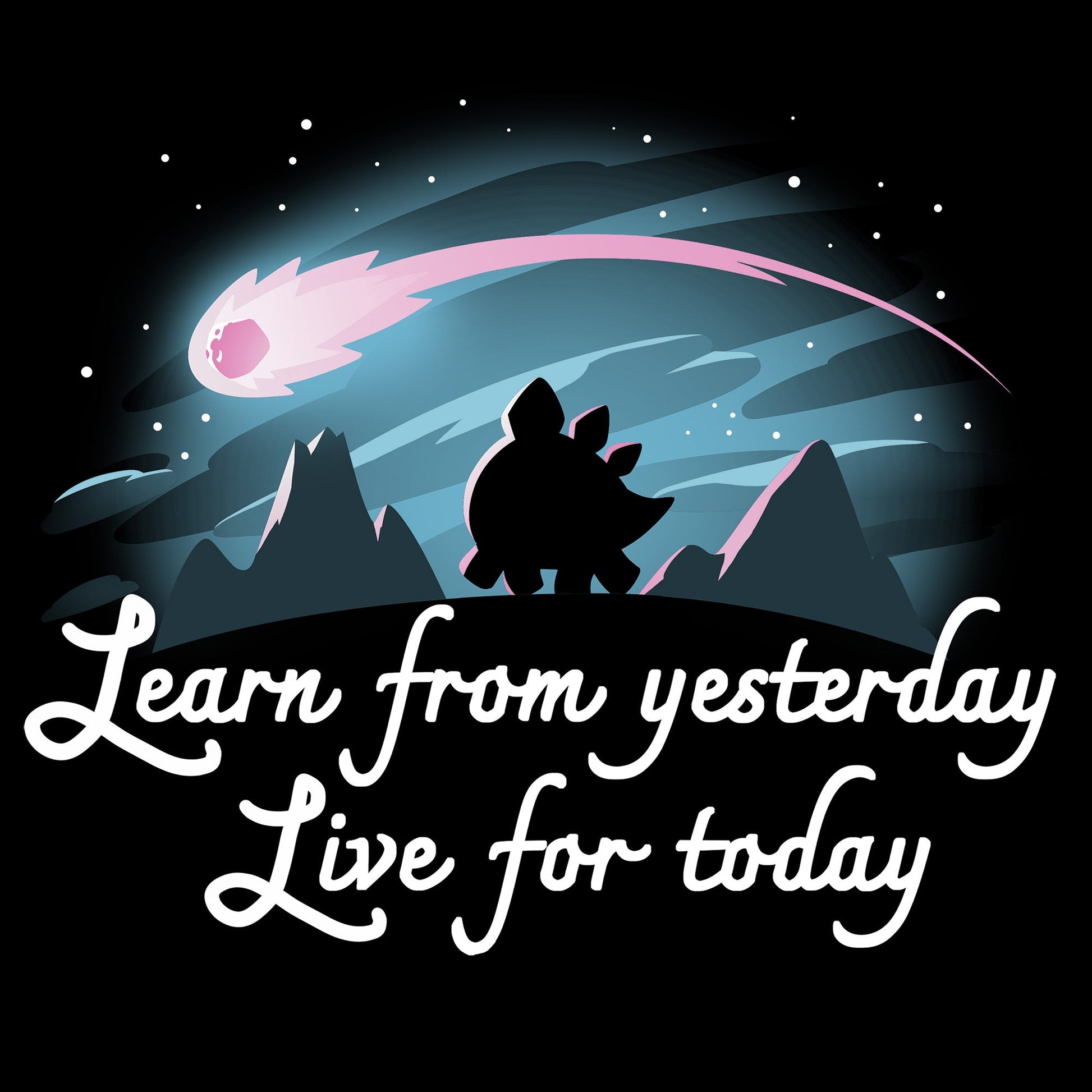 Classic Cotton T-shirt_TeeTurtle Learn From Yesterday, Live For Today black t-shirt featuring a silhouette of a stegosaurus dinosaur walking in the moonlight with an asteroid overhead.