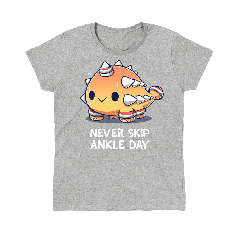 Classic Cotton T-shirt_TeeTurtle Never Skip Ankle Day heather gray T-shirt featuring an ankylosaurus in sweatbands