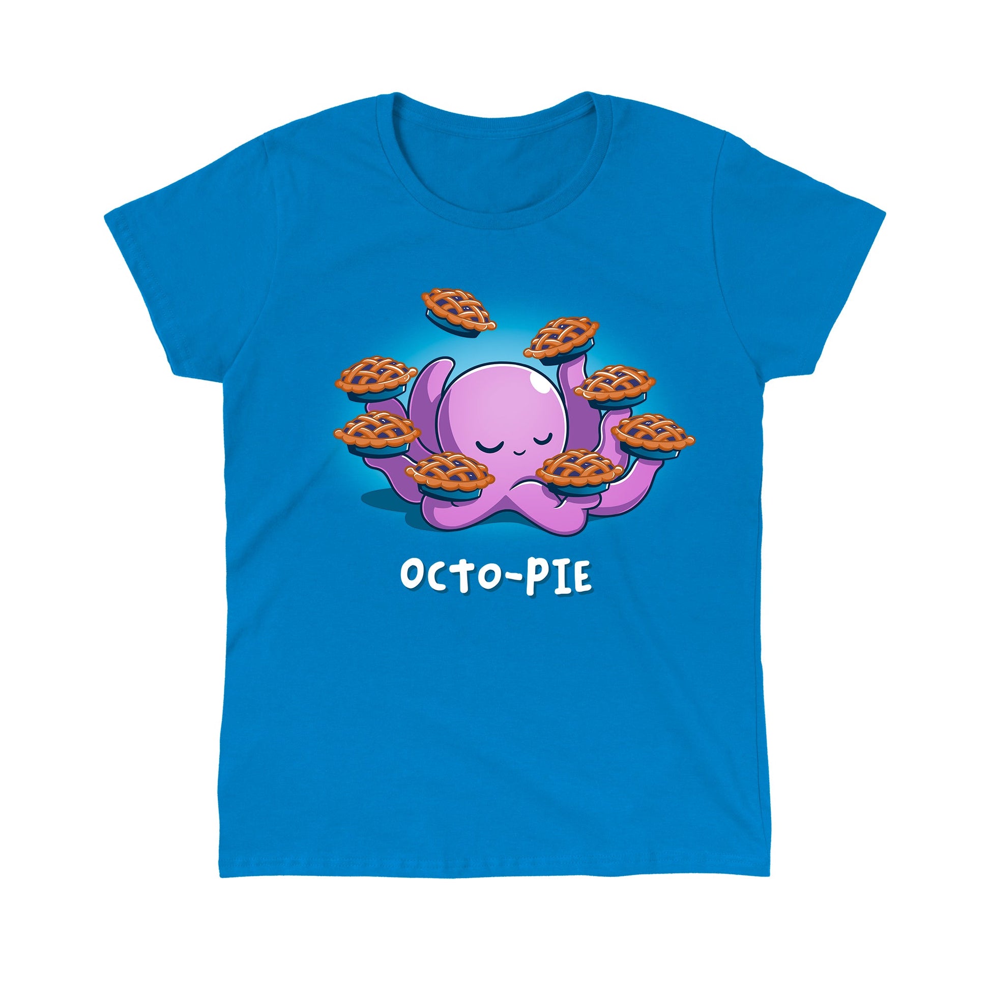 Classic Cotton T-shirt_Teeturtle Octo-Pie sapphire blue t-shirt featuring a cute cartoon octopus holding eight pies in its eight arms with 'Octo-Pie' written beneath.