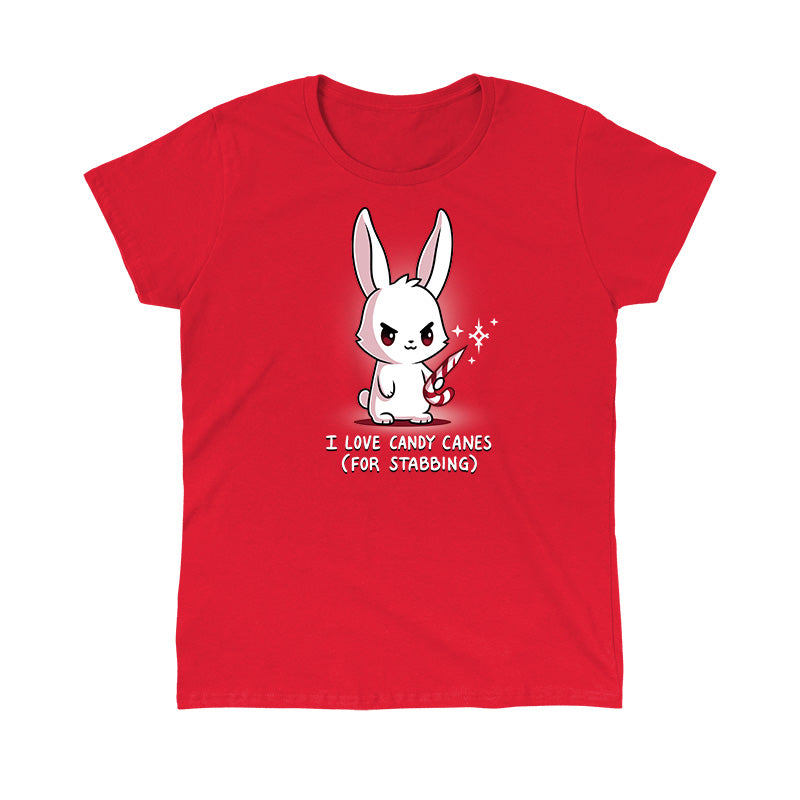 Classic Cotton T-shirt_TeeTurtle I Love Candy Canes(For Stabbing) red t-shirt featuring an angry bunny holding a candy cane with a sharp end.