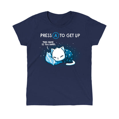 Classic Cotton T-shirt_TeeTurtle Bedtime Lag navy blue t-shirt featuring featuring a sleepy cat wrapped in a blanket laying on a pillow.