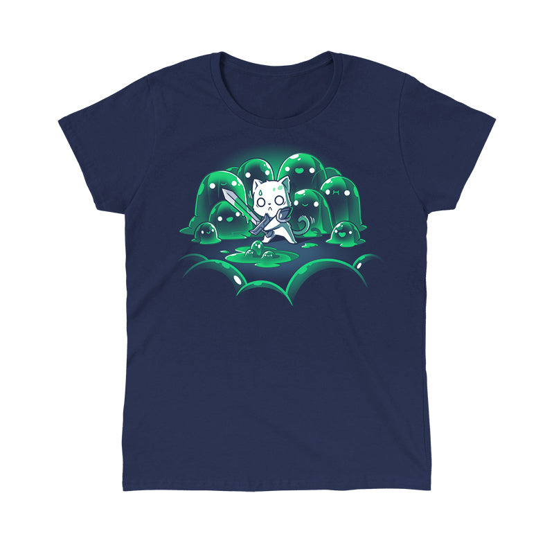 Classic Cotton T-shirt_TeeTurtle navy blue The Never-Ending Fight. Featuring a cat warrior holding a sword surprised at being surrounded by a group of green slimes.