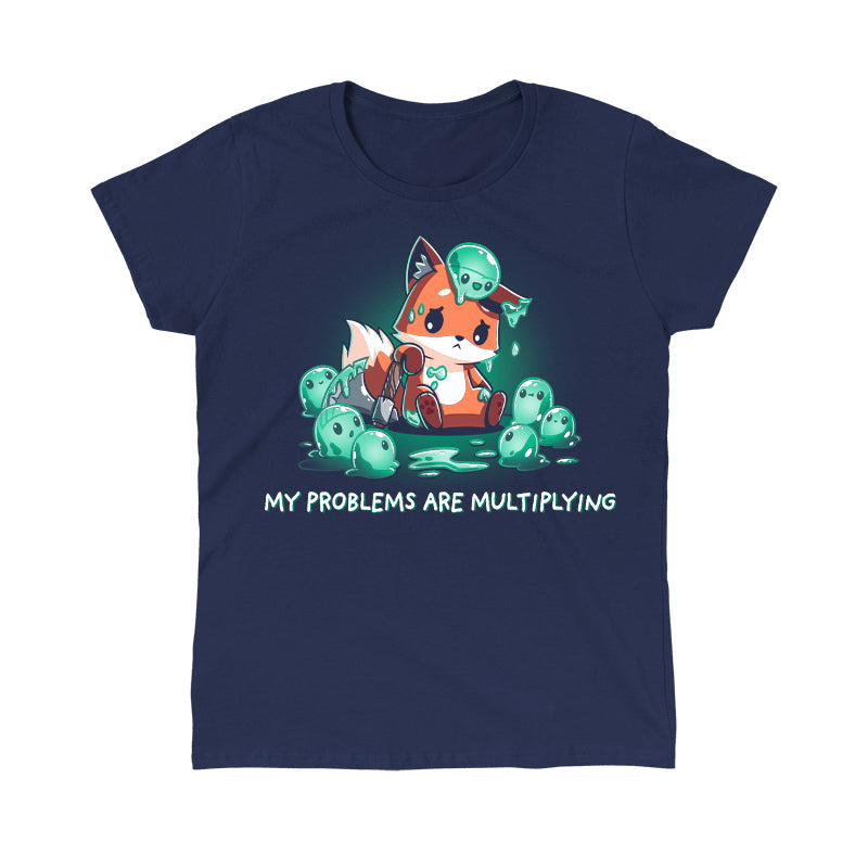 Classic Cotton T-shirt_TeeTurtle My Problems are Multiplying navy blue t-shirt featuring a sad fox holding an axe and surrounded by fantasy green slimes that are multiplying.