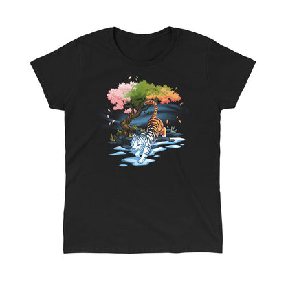 Classic Cotton T-shirt_TeeTurtle Season Keeper black t-shirt featuring a majestic tiger walking below a magical tree that has leaves the color of three seasons.