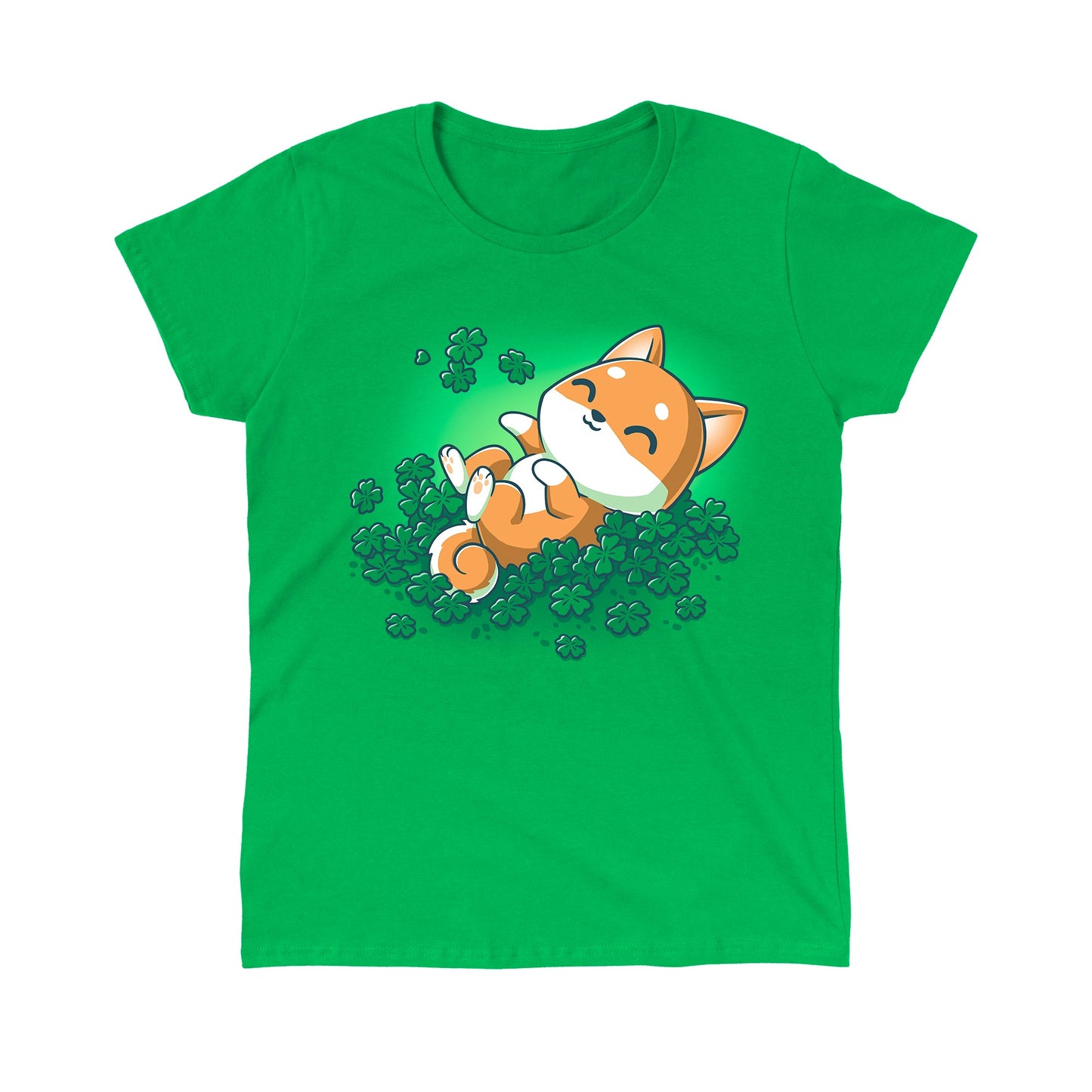 Classic Cotton T-shirt_TeeTurtle Lucky Shiba irish green t-shirt featuring a happy shiba inu dog rolling around in four leaf clovers.