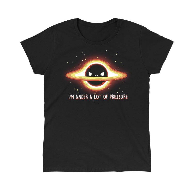 Classic Cotton T-shirt_Teeturtle I'm Under a Lot of Pressure black t-shirt featuring a planet with rings, depicting an angry expression. There are surrounding stars and text that reads: "I'M UNDER A LOT OF PRESSURE."